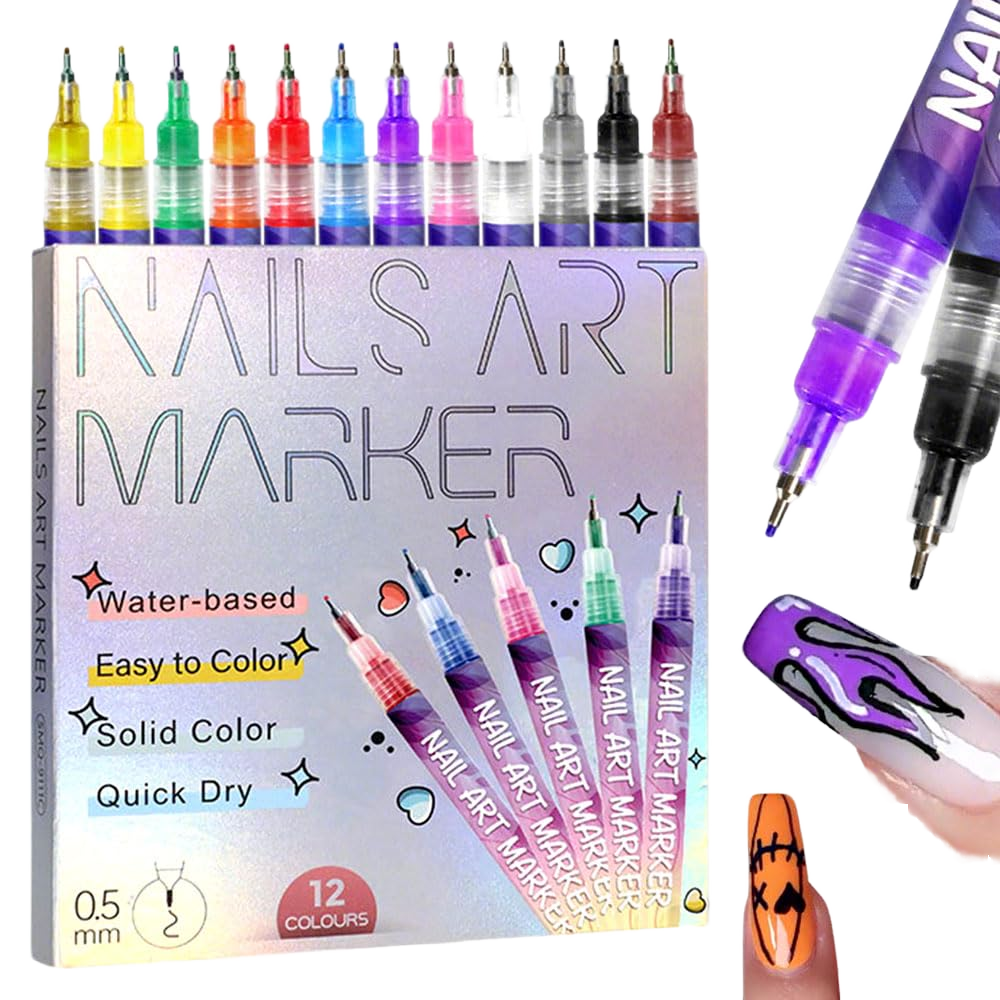 12 Colors Nail Art Pen Set – Ultra-Fine Tip Markers for 3D Drawing, Painting & DIY Manicure