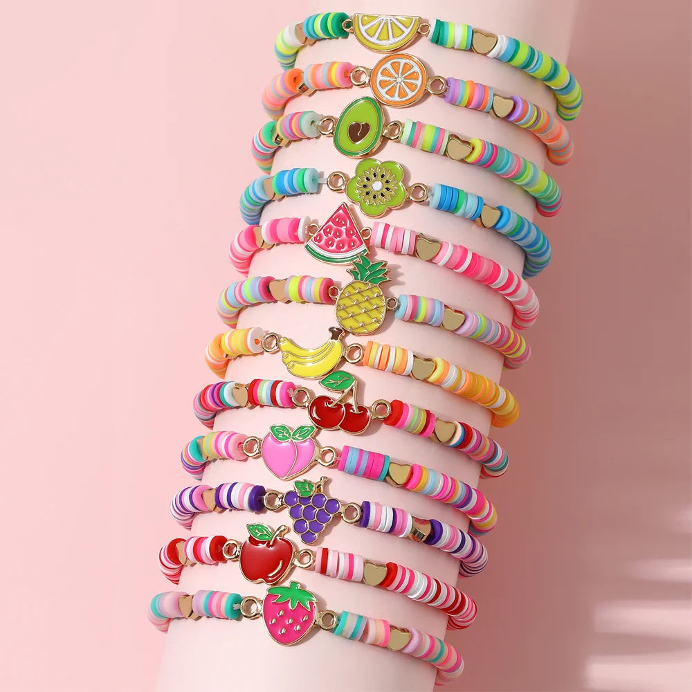 12-Piece Elastic Beaded Charm Bracelet Set – Assorted Cute Themes